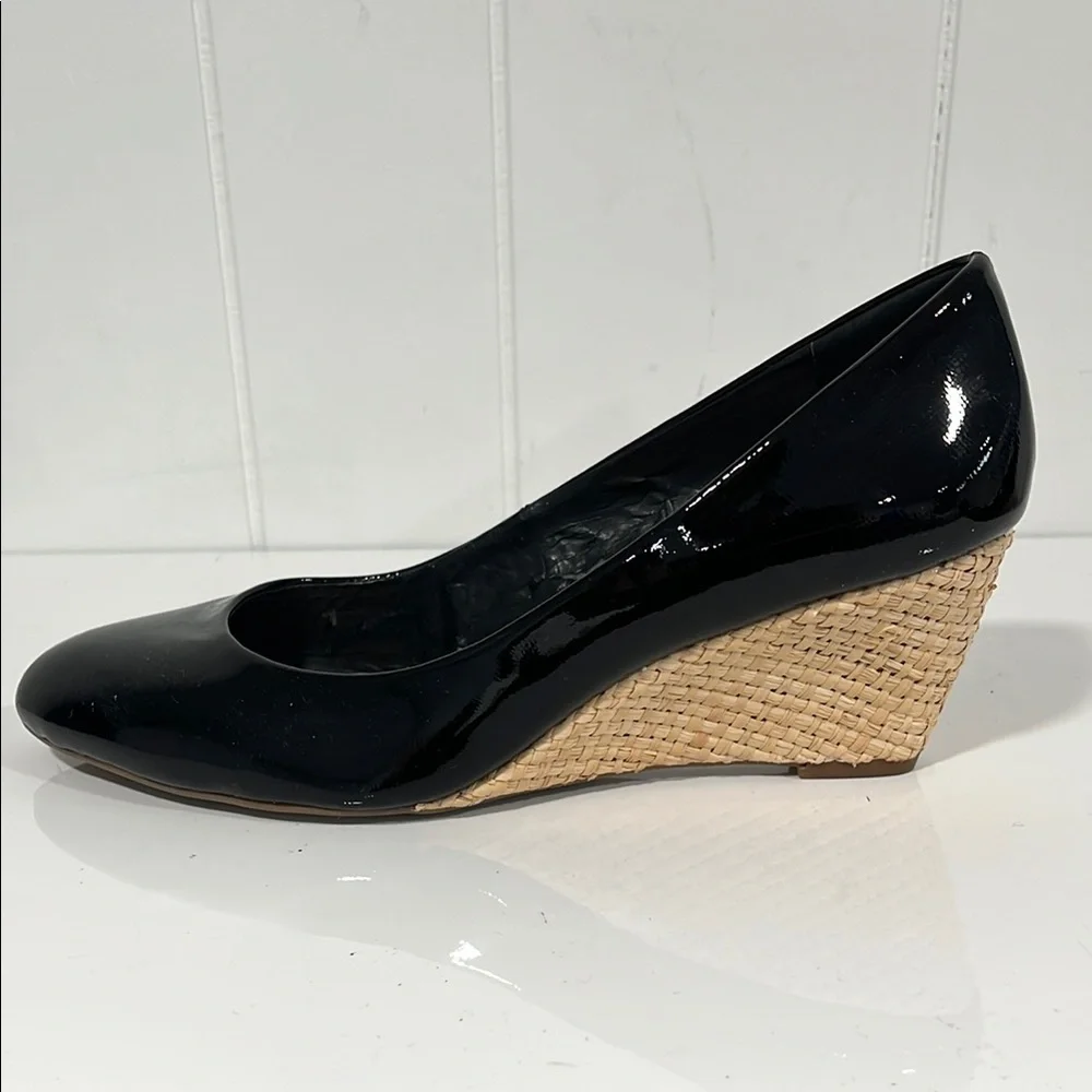 Franco Sarto Black and Tan Wedge Shoes patent leather straw wedge pump